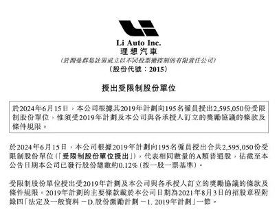 理想汽车向195名员工授出近260万股份,平均每人约91.8万元(图1) 理想汽车向195名员工授出近260万股份,平均每人约91.8万元(图1)
