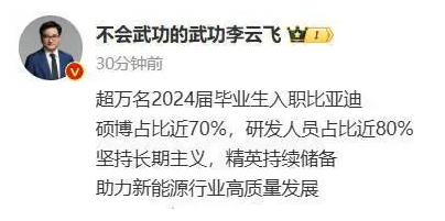 比亚迪2024年招聘超万名毕业生 硕博占比近70%(图1) 比亚迪2024年招聘超万名毕业生 硕博占比近70%(图1)